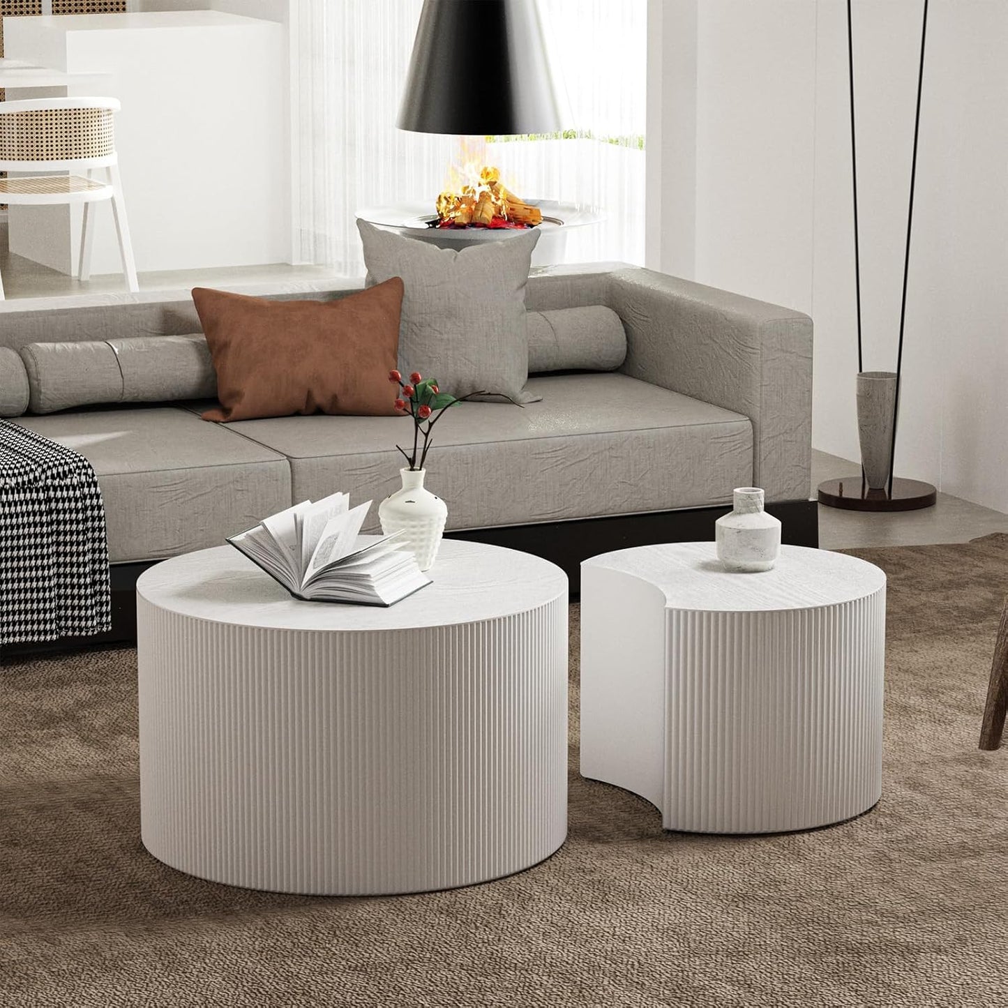Round Nesting Coffee Table Set of 2 Handcraft Circle Fluted Nesting Coffee Tables Circular Side Table Drum Accent End Tables for Living Room Bedroom (White B Small)