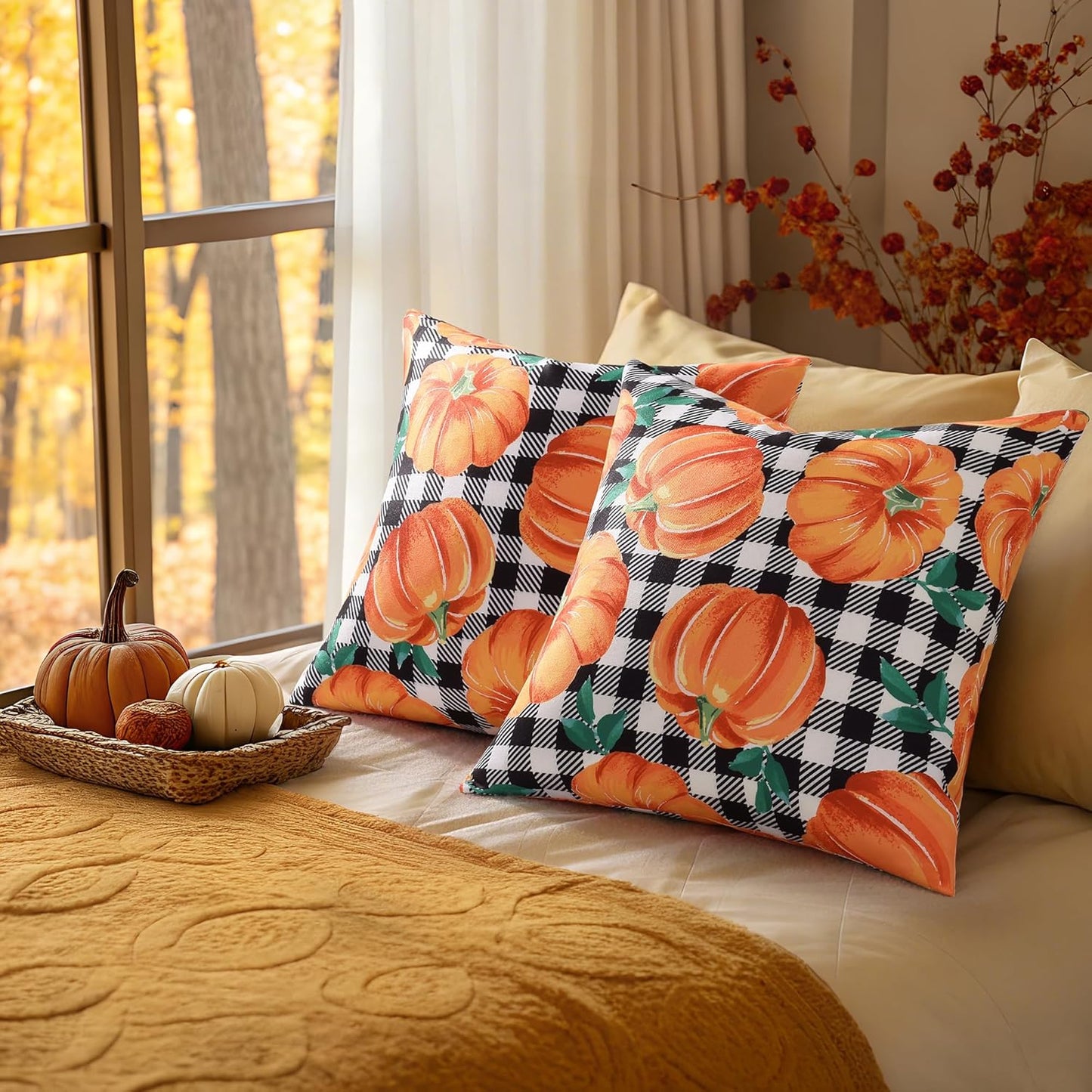 decorUhome Fall Orange Pumpkin Decorative Throw Pillow Covers 18x18 Set of 2, Buffalo Plaid Check Farmhouse Cushion Covers for Autumn Harvest Couch Sofa Bed Home Decor