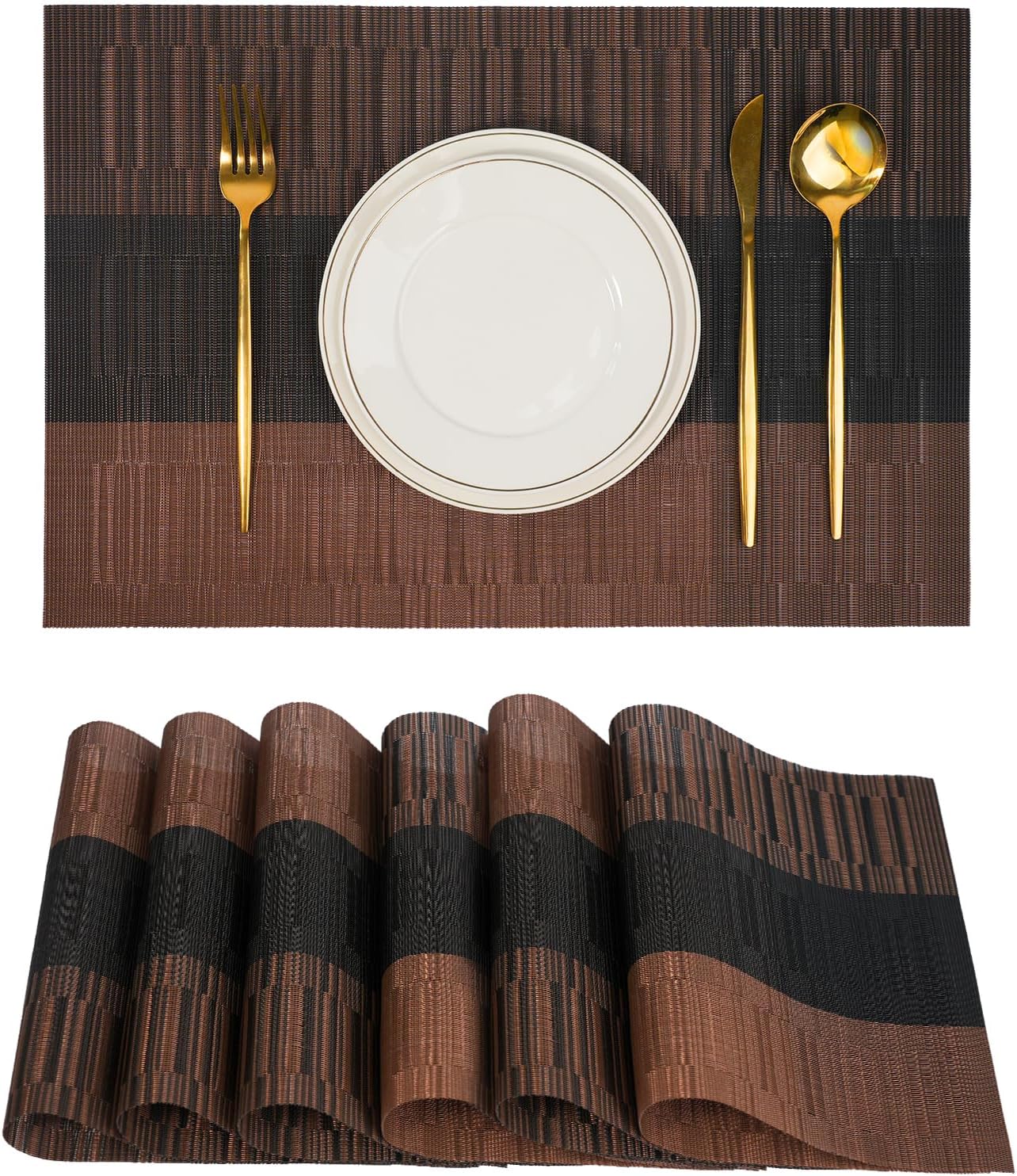 Placemats Set of 6,Non-Slip PVC Weave Table Mats Easy to Clean,Heat Resistant Place Mats for Kitchen Dining Table Decoration Indoor Outdoor,Black Brown