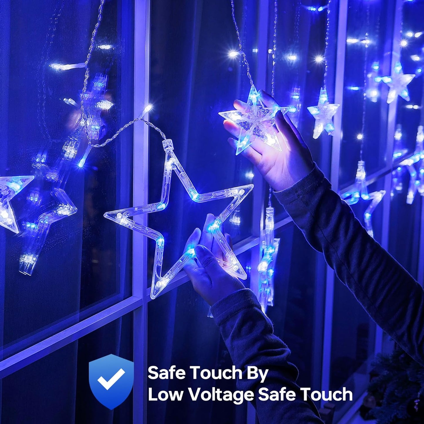 126L Blue White Christmas Star Icicle Lights, 8.2FT Clear Curtain Fairy String with Connectable, Timer 8 Modes Memory, Waterproof Hanging for Eaves, Party, Wedding Indoor Outdoor Decorations