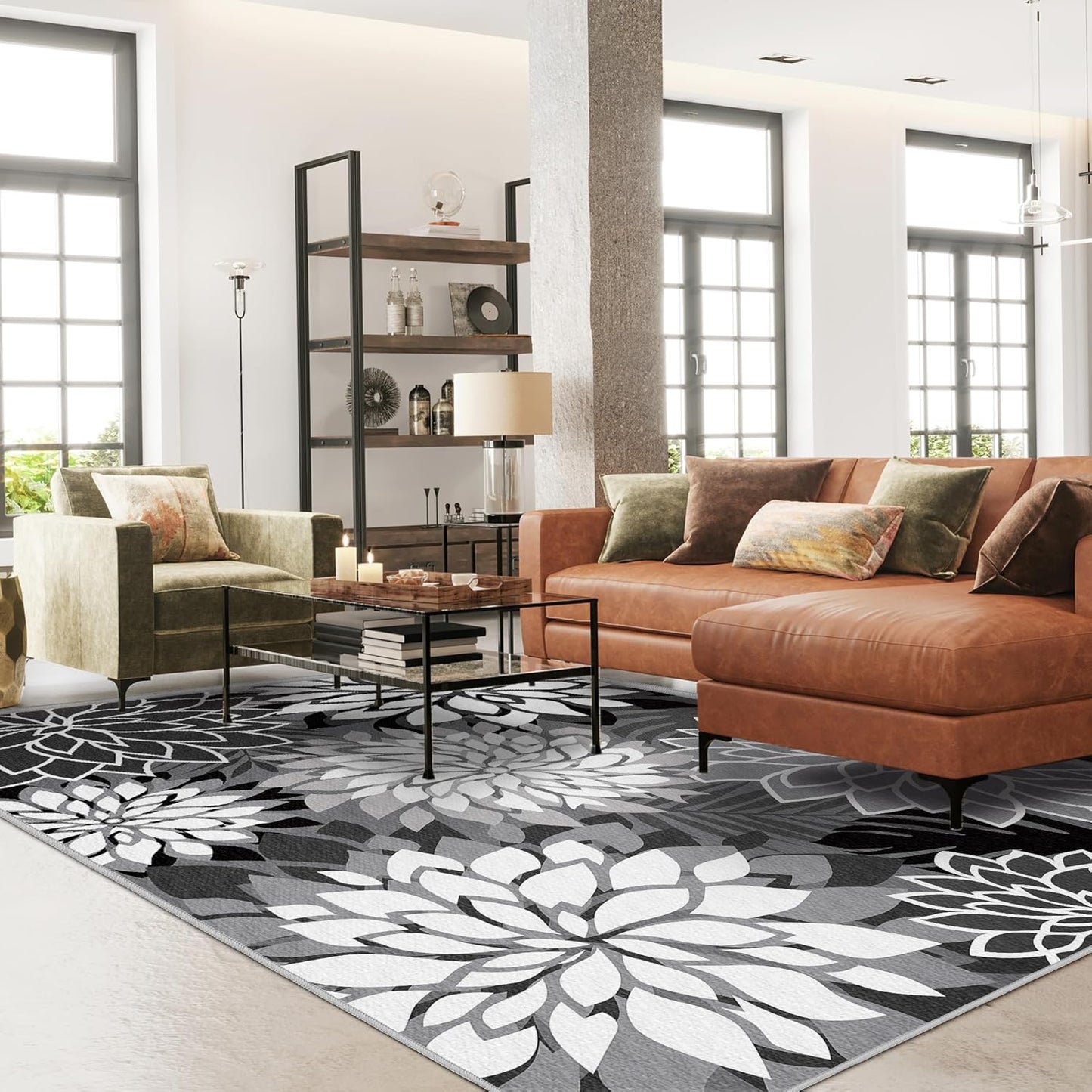 Indoor Outdoor Area Rug Washable Multicolored Rug Tropical Botanical Modern Floral Indoor Outdoor Carpet Black White Rug Non Slip Non Shedding for Patio, Deck, Backyard, Porch (5x8)