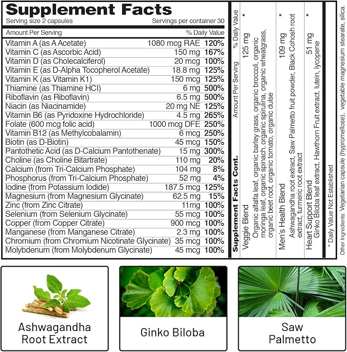 Snap Supplements Men's Multivitamins B12, Zinc, 60 Capsules