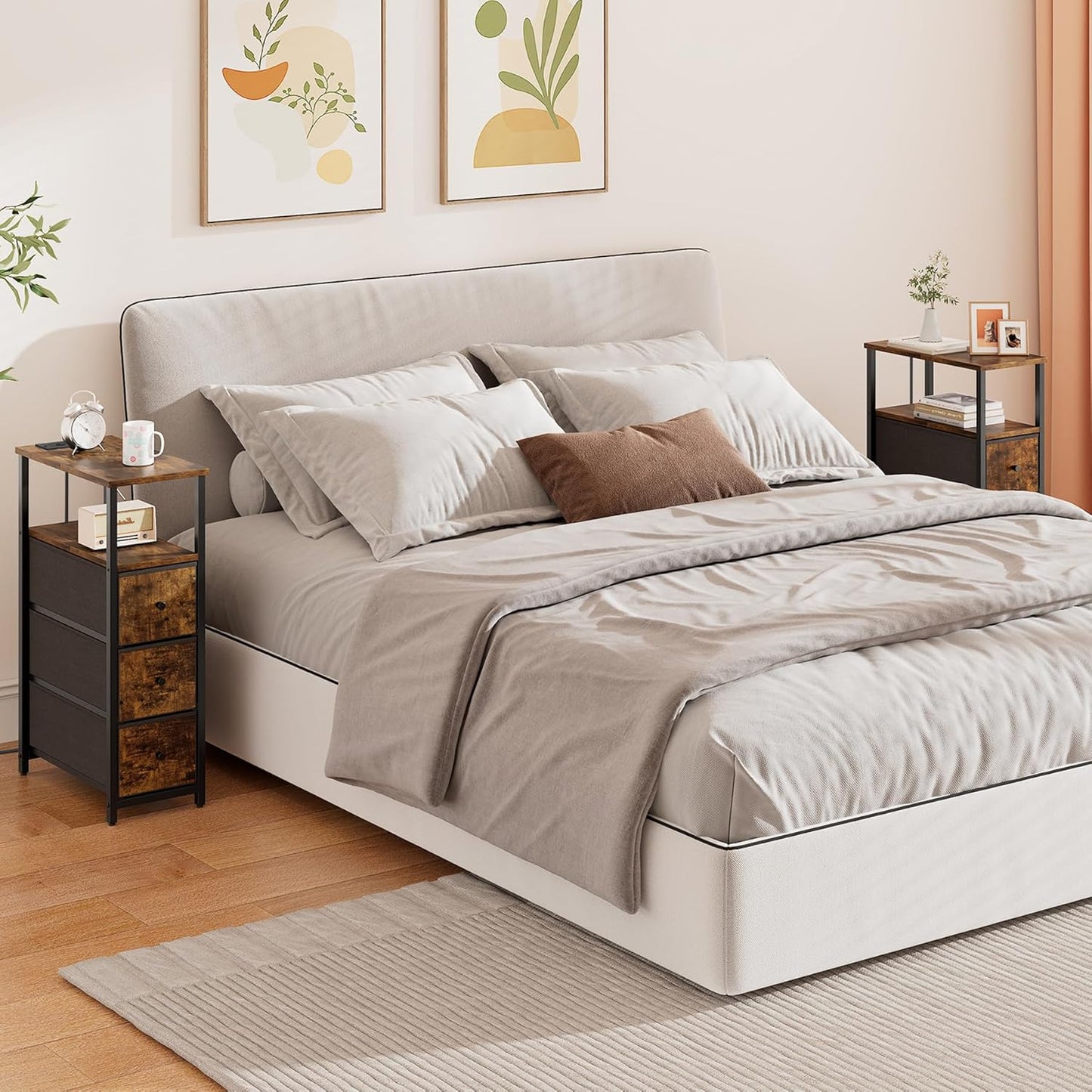 TUTOTAK Narrow Night Stand with Charging Station, Slim End Table with Plugins, Tall Side Table with 3 Fabric Drawer, Small Bedside Table with Storage, Living Room, Bedroom, Brown TB01BB086