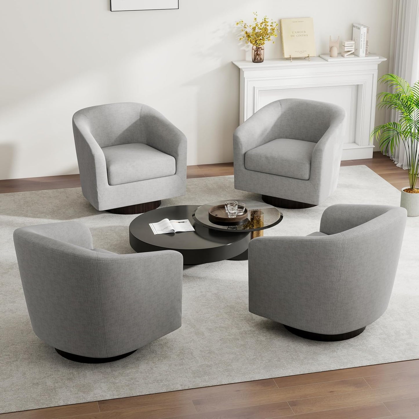 Swivel Barrel Accent Chair, Modern Round Linen Arm Chair for Living Room, Bedroom, Comfy Club Reading Chairs for Adults(Linen Fabric, Light Grey, Set of 4