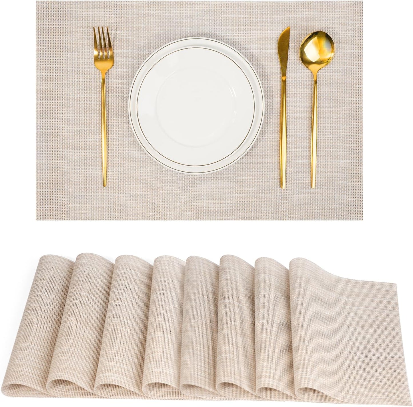 Placemats Set of 8,Non-Slip PVC Weave Table Mats Easy to Clean,Heat Resistant Place Mats for Kitchen Dining Table Decoration Indoor Outdoor,Beige White