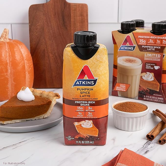 Atkins Pumpkin Spice Latte, 15g Protein, 3g Net Carbs, 1g Sugar, Low Glycemic, Keto Friendly, 12 Count