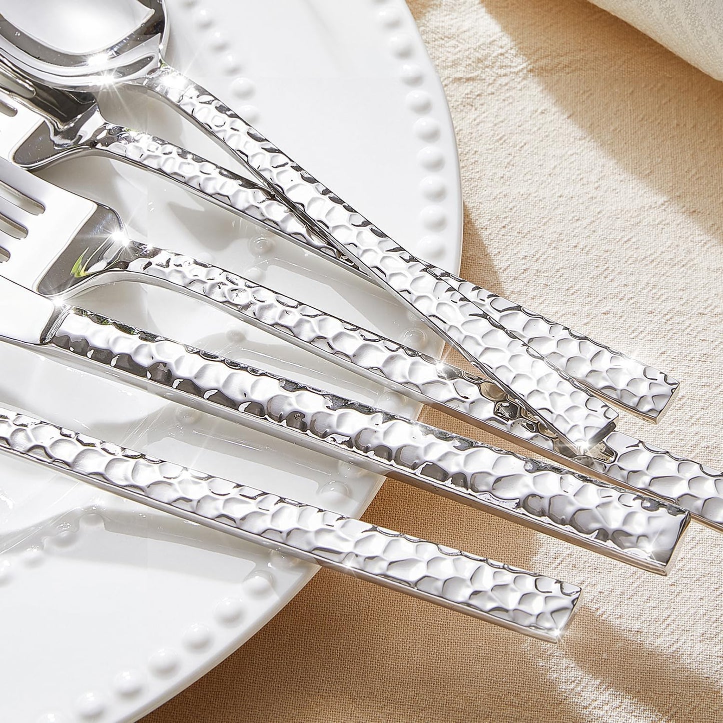 KINGSTONE 40 Piece Hammered Silverware Set, 18/10 Stainless Steel Flatware Set for 8, Cutlery Set for Home, Party, Wedding, Mirror Polished Dishwasher Safe