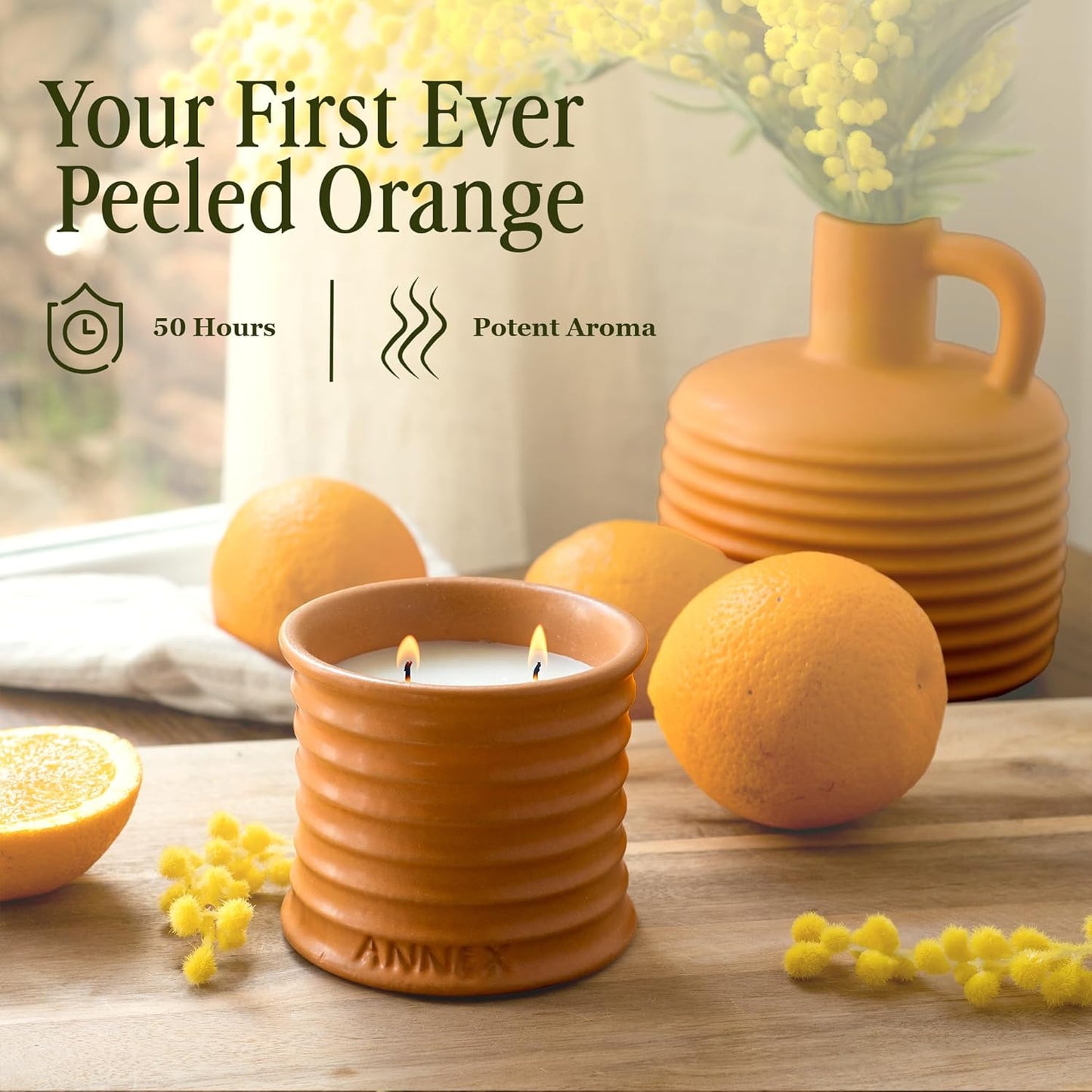 Scented Luxury Candles in Handmade Ceramic Jars, Soy Wax | Orange Blossom โ Orange & Mimosa, Large Candle | Non Toxic, 2 Wicks, Reusable Big Orange Jar | Natural Spring Aromatherapy for Women & Men