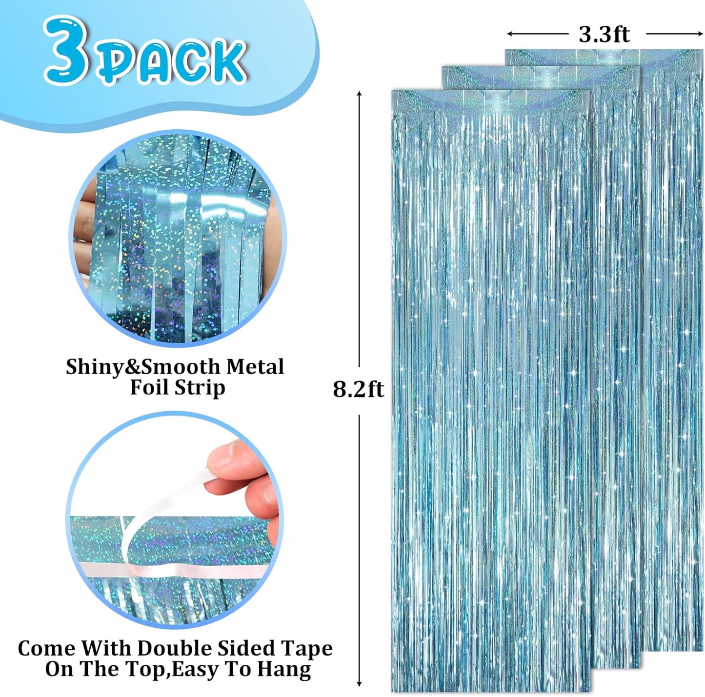 3 Pack 3.3 x 8.2 ft Laser Blue Foil Fringe Backdrop Curtains, Tinsel Streamers Party Decorations, Fringe Backdrop