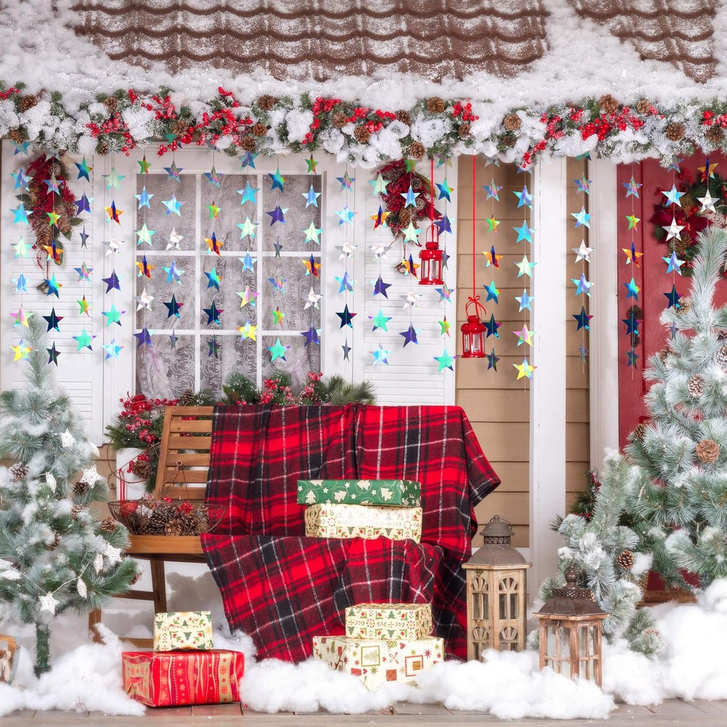 Patelai Glitter Star Garland Banner Decor 130 Feet Star Hanging Bunting Banner Twinkle Backdrop for Homecoming Classroom Wedding Birthday Halloween Christmas Party Supplies(Holographic Iridescent)