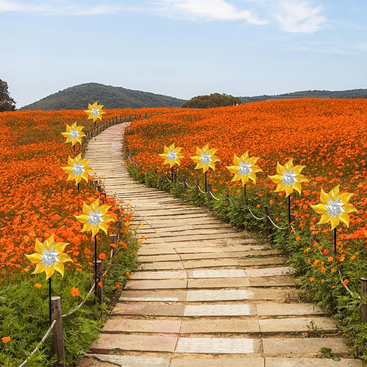 Hausse 10 Pack Reflective Pinwheels with Stakes, Extra Sparkly Pin Wheel for Garden Decor, Bird Repellent Devices Deterrent to Scare Birds Away from Yard Patio Farm, Golden