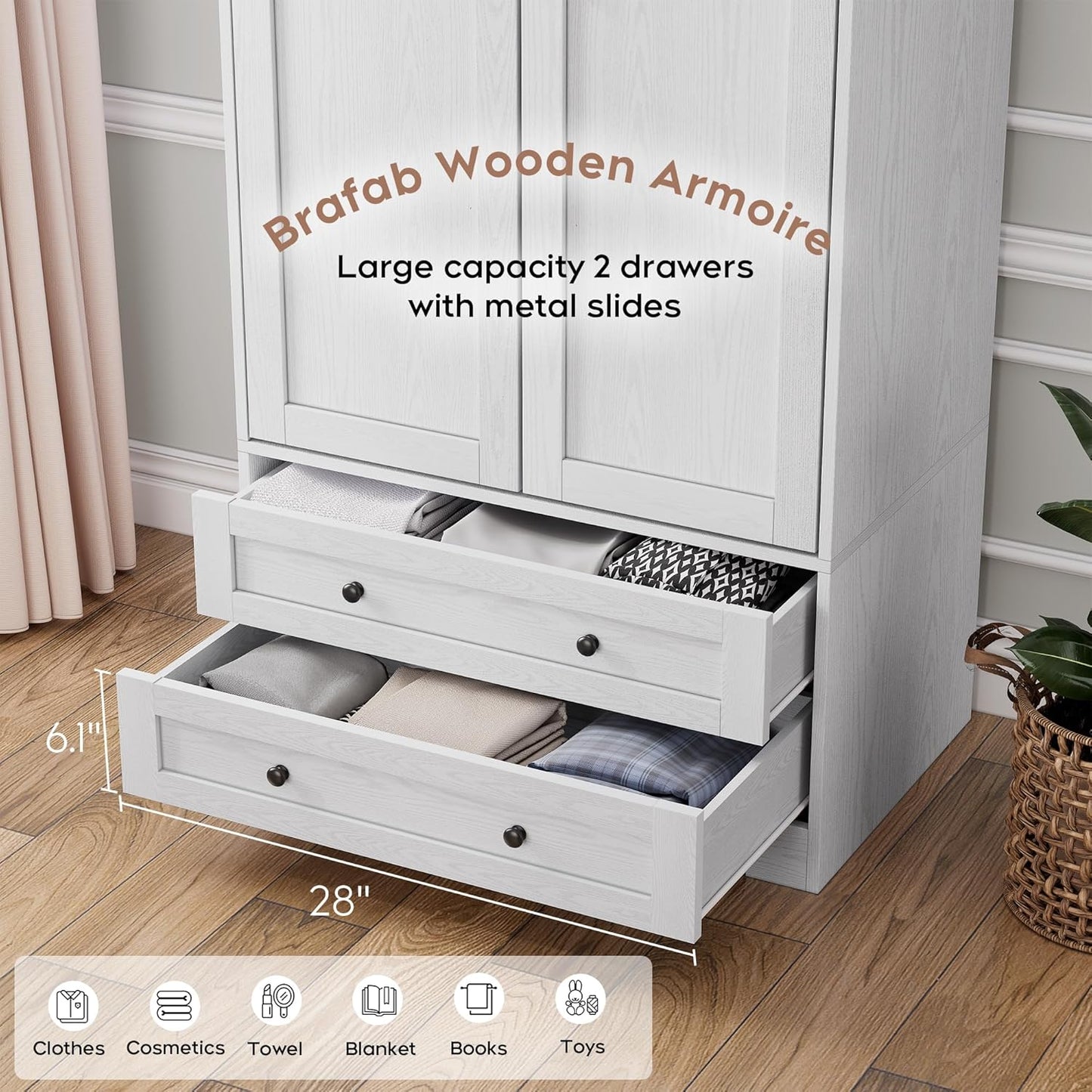 Brafab Armoire Wardrobe Closet with 2 Modern Doors, 71" Tall Freestanding Closet Wardrobe Cabinet with Drawers and Hanging Rail, Light Wooden Storage Cabinet with Shelve for Bedroom (White, 2 Doors)