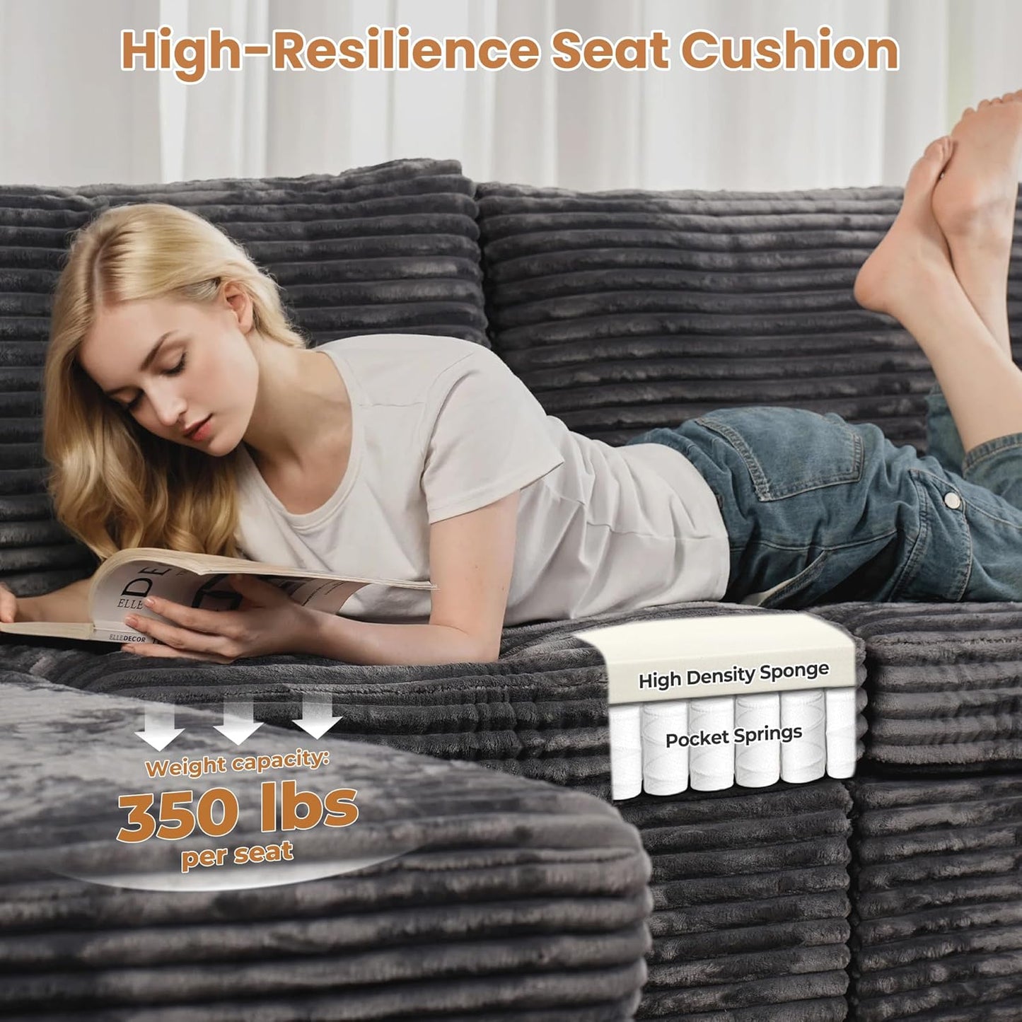 ovios Sectional Sofa Couch with L-Shape Chaise Oversized, Comfy Modular Cloud Couches with Deep Seat, Modern Upholstered Plush Corduroy Sofas Set for Living Room, 5-Seater, Grey