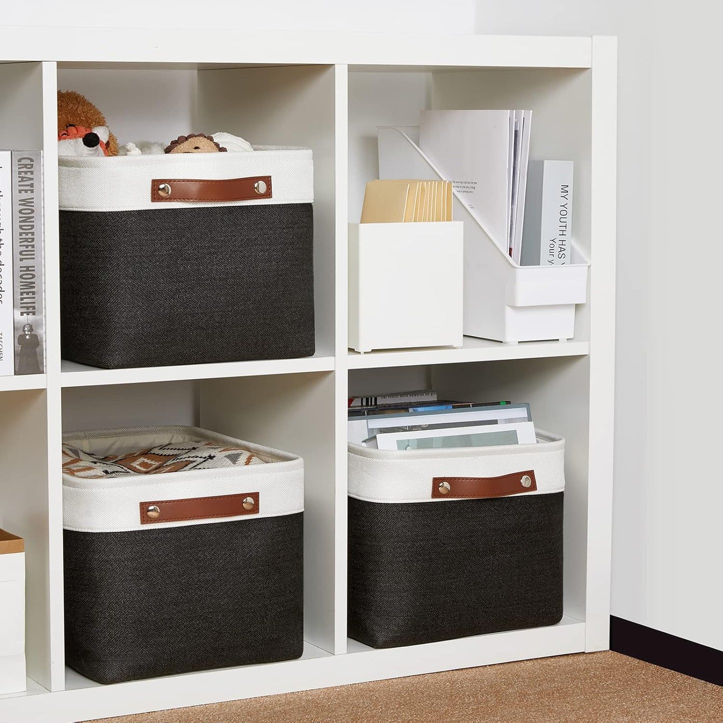 DULLEMELO Canvas Storage Bin with Handles, Fabric Bins for Shelves, Bedroom, Office,Nursery,Fabric Storage Baskets for Toys, Clothes,Gift(3-Pack Medium-15 inch X 11 inch X 9.5 inch , White&Black)