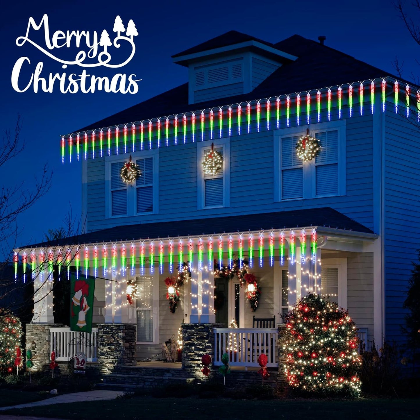 Christmas Meteor Shower Icicle Lights Outdoor, 19.8Ft With 20 Large Tube 480 LED Dropping Effect, Waterproof Decorations for House Eave Roofline, Multicolor