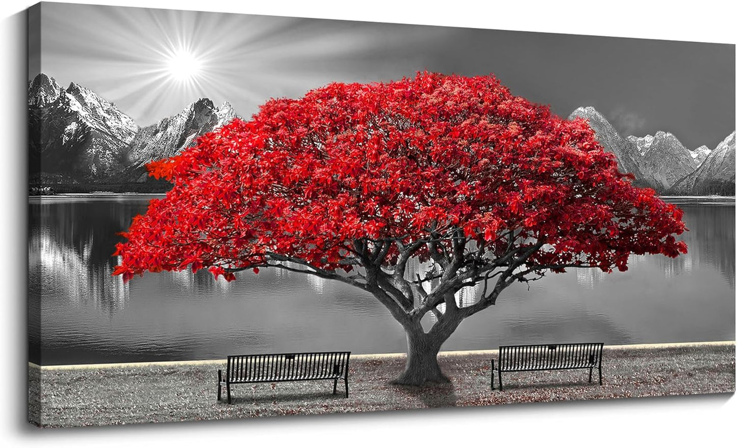 Black and White Red Tree Wall Art Canvas Print Picture Large Red Tree Landscape Modern Artwork for Living Room Bedroom Office Home Wall Decor With Frame 24X48inch