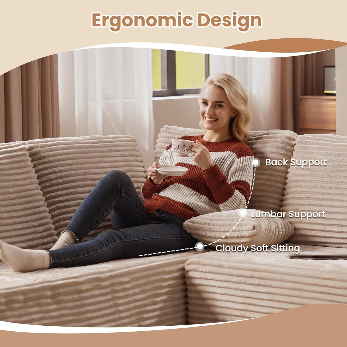 HOOOWOOO Cloud Sectional Couches for Living Room,Modular Sectional Sofa No Assembly,110X79 Inch Plush Corduroy Large U Shaped Floor Couch Set with Deep Seat Chaise(Beige)