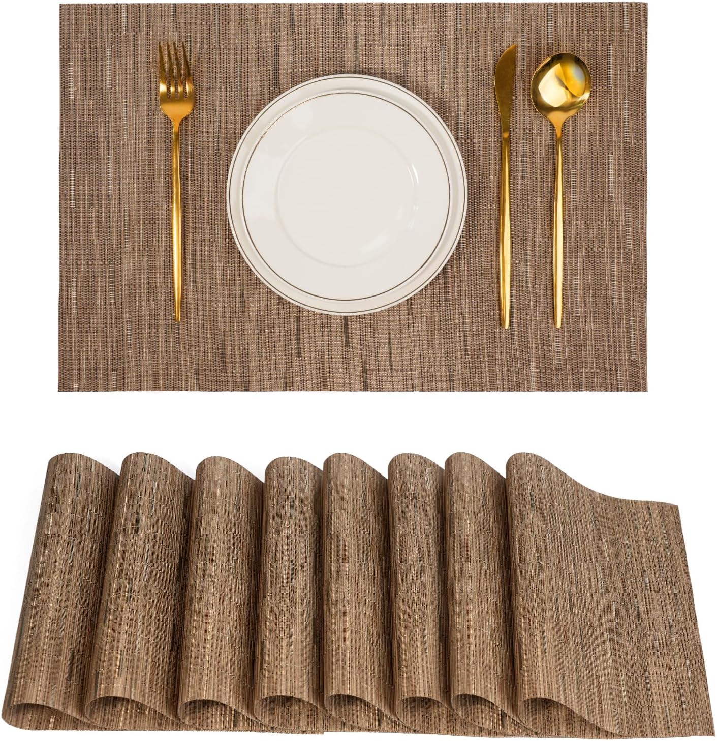 Placemats Set of 8,Non-Slip PVC Weave Table Mats Easy to Clean,Heat Resistant Place Mats for Kitchen Dining Table Decoration Indoor Outdoor,Light Brown