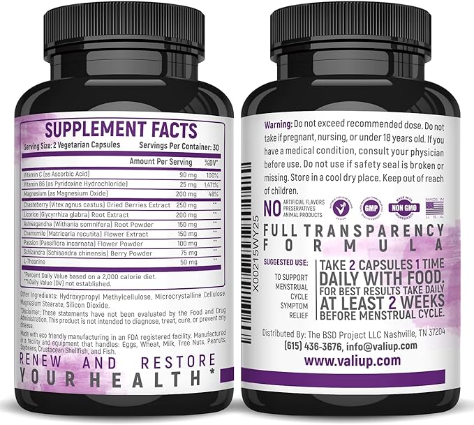 VALI Renew PMS Relief Supplement. Women’s 60 Veggie