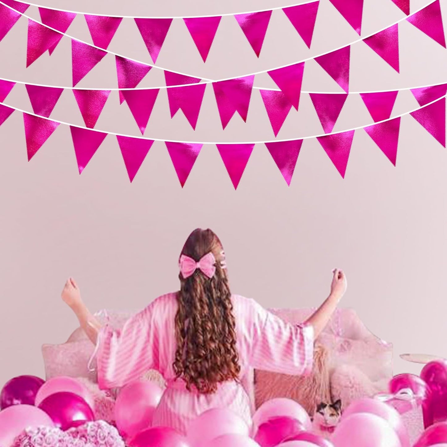 Hot Pink Party Decorations Triangle Pennant Banner Flag Rose Pink Metallic Fabric Bunting Garland for Birthday Bachelorette Wedding Bridal Shower Anniversary Flamingo Theme Party Supplies