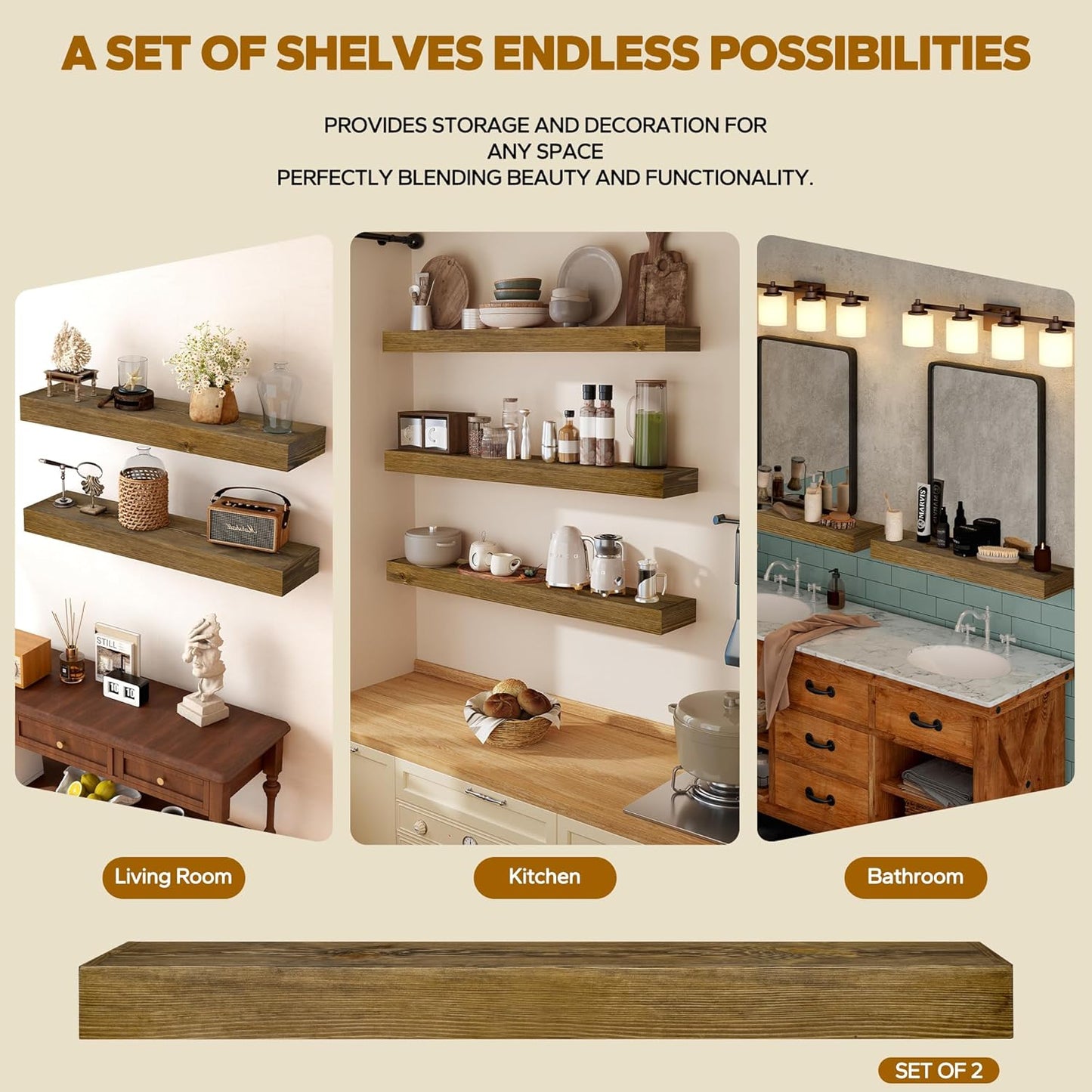 Floating Shelves 3 inch Thick for Wall Set of 2,Solid Pine Wood Wall Mount Shelf for Kitchen Living Room Bedroom Bathroom,8" D x 60" L x 3" H-Black Walnut