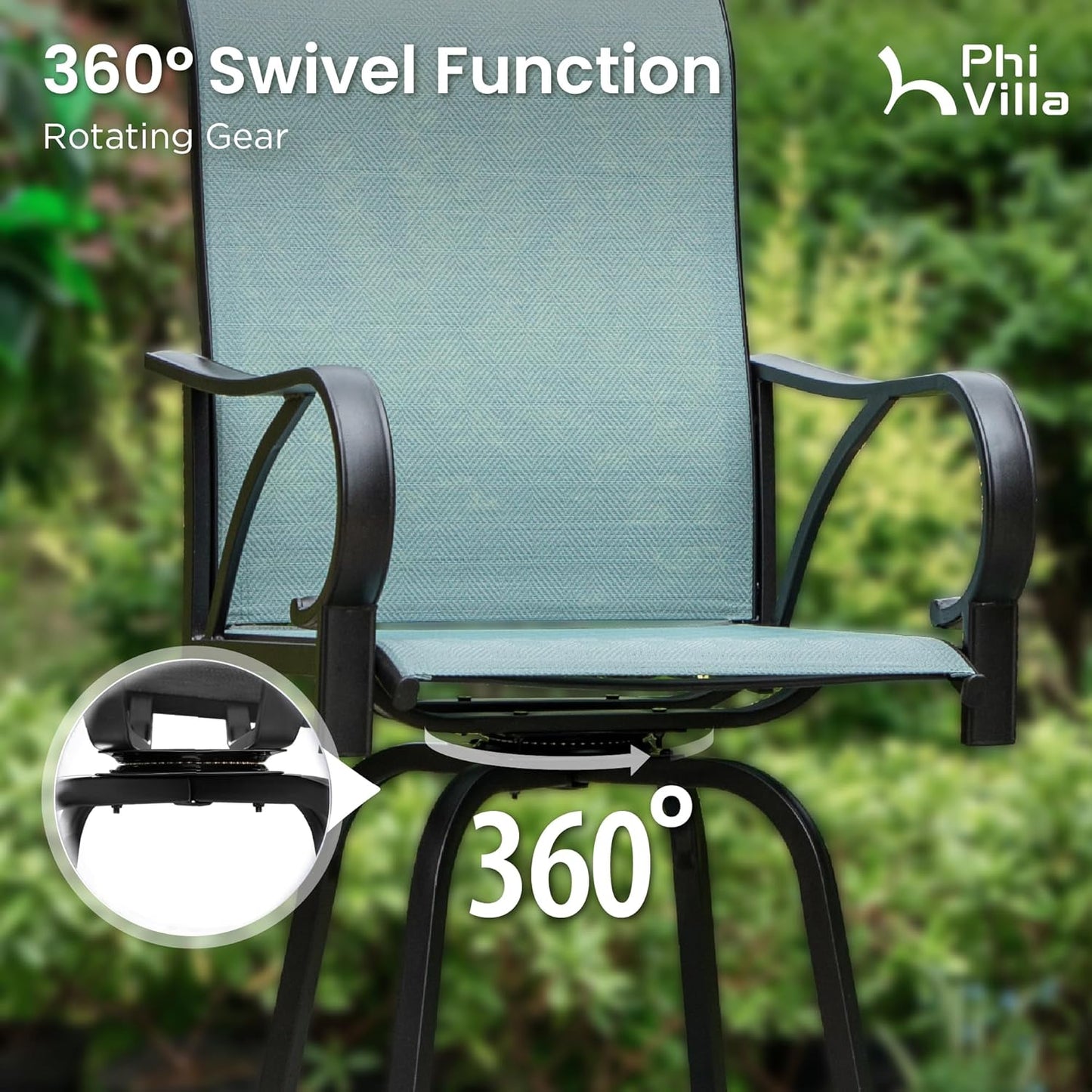 PHI VILLA Outdoor Swivel Bar Stools Set for 4, Metal Patio Bar Table and Chairs Set with Teal Textilene Fabric for Outside