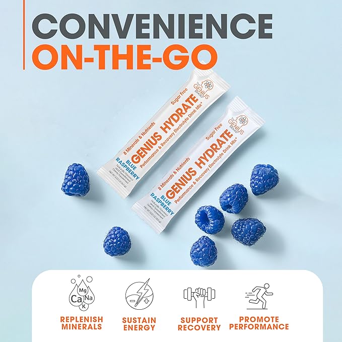 Genius Hydrate Stick Pack Powder Drink Mix – Blue Raspberry Flavor, Natural Electrolyte Booster with Coconut Water & Potassium for Ultimate Hydration -20 Packets
