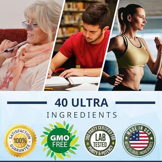 40-in-1 Brain Booster Supplement For Focus, Memory, Clarity, Energy | Advanced Vitamins Plus eBook | For Men & Women, Cognitive Function Nootropic Support with DMAE, Brain Health Formula | 60 Capsules