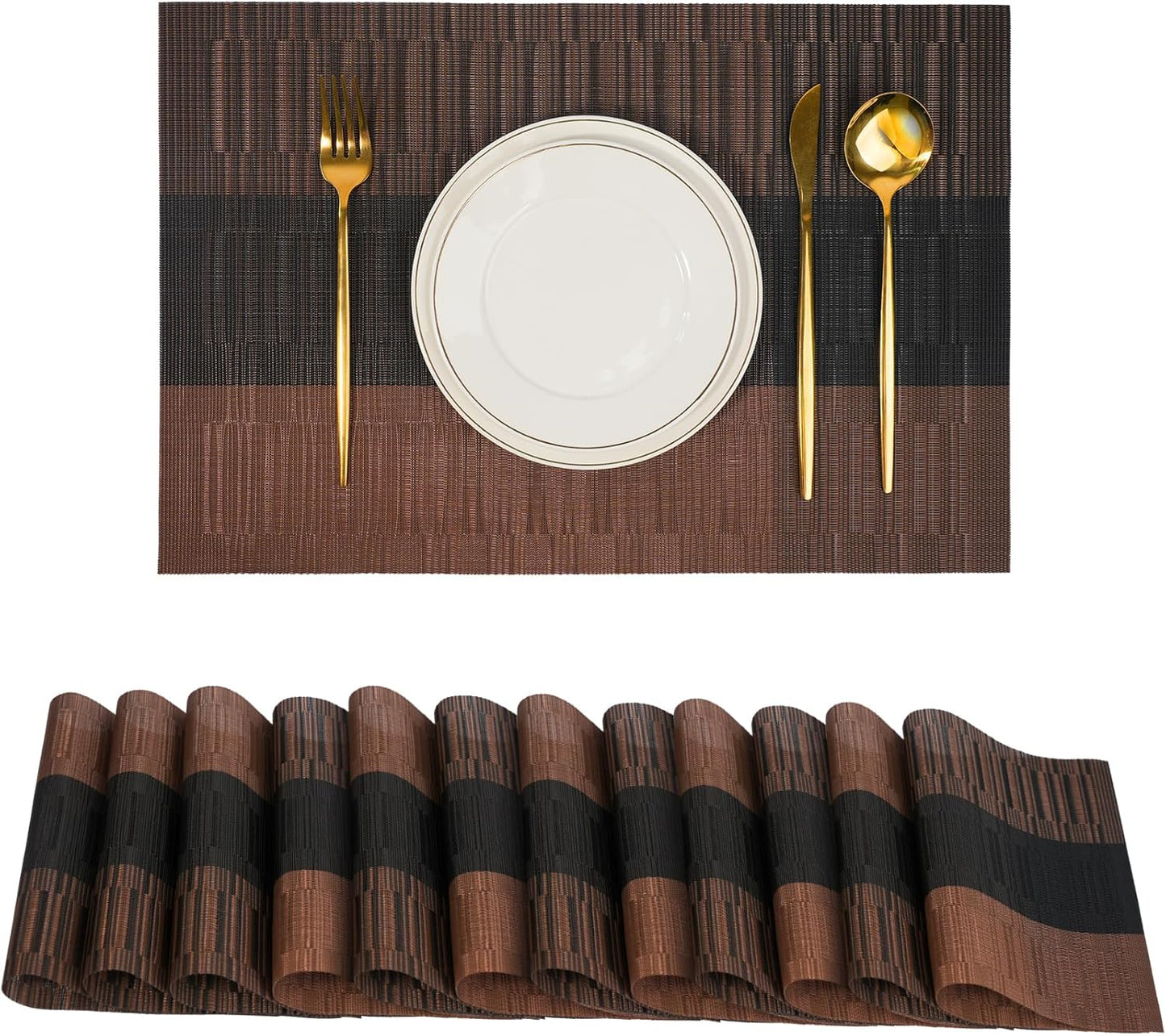 Placemats Set of 12,Non-Slip PVC Weave Table Mats Easy to Clean,Heat Resistant Place Mats for Kitchen Dining Table Decoration Indoor Outdoor,Black Brown