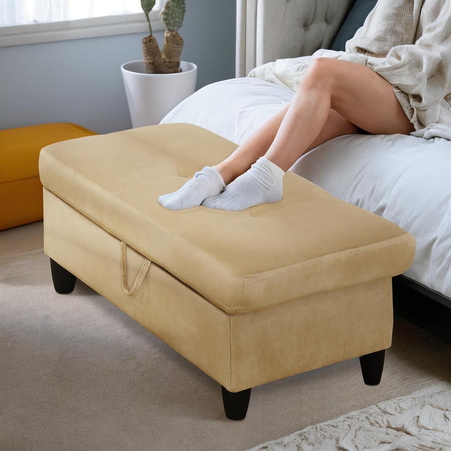 Ottoman Rectangular Storage Ottoman Bench, Flannel Footrest Stool Footstool with Lid for Living Room, Bedroom, Entryway, Light Brown, 28.5"x19"x17.5"