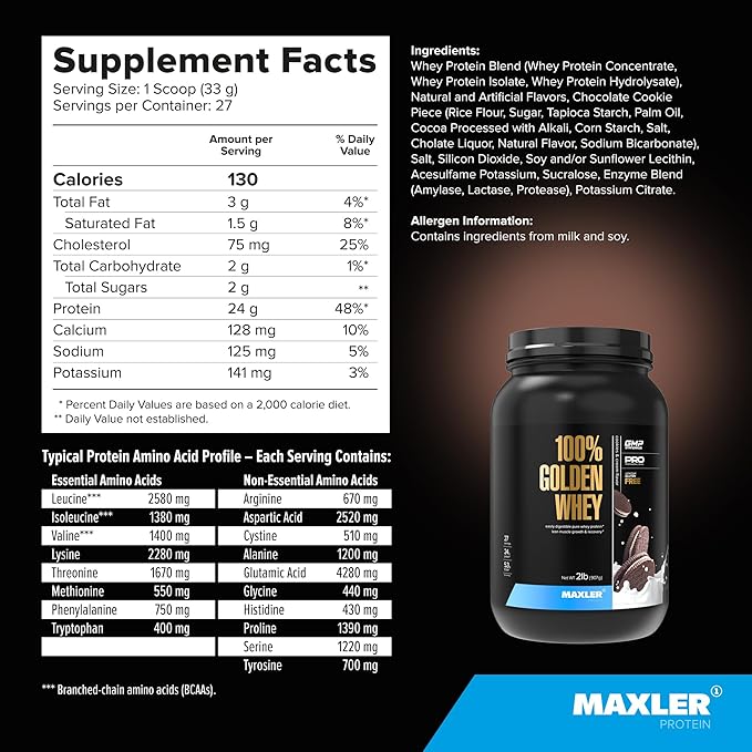 Maxler 100% Golden Whey Protein - 24g of Premium Whey Protein Powder per Serving - Pre, Post & Intra Workout - Fast-Absorbing Whey Hydrolysate, Isolate & Concentrate Blend - Cookies & Cream 2 lbs