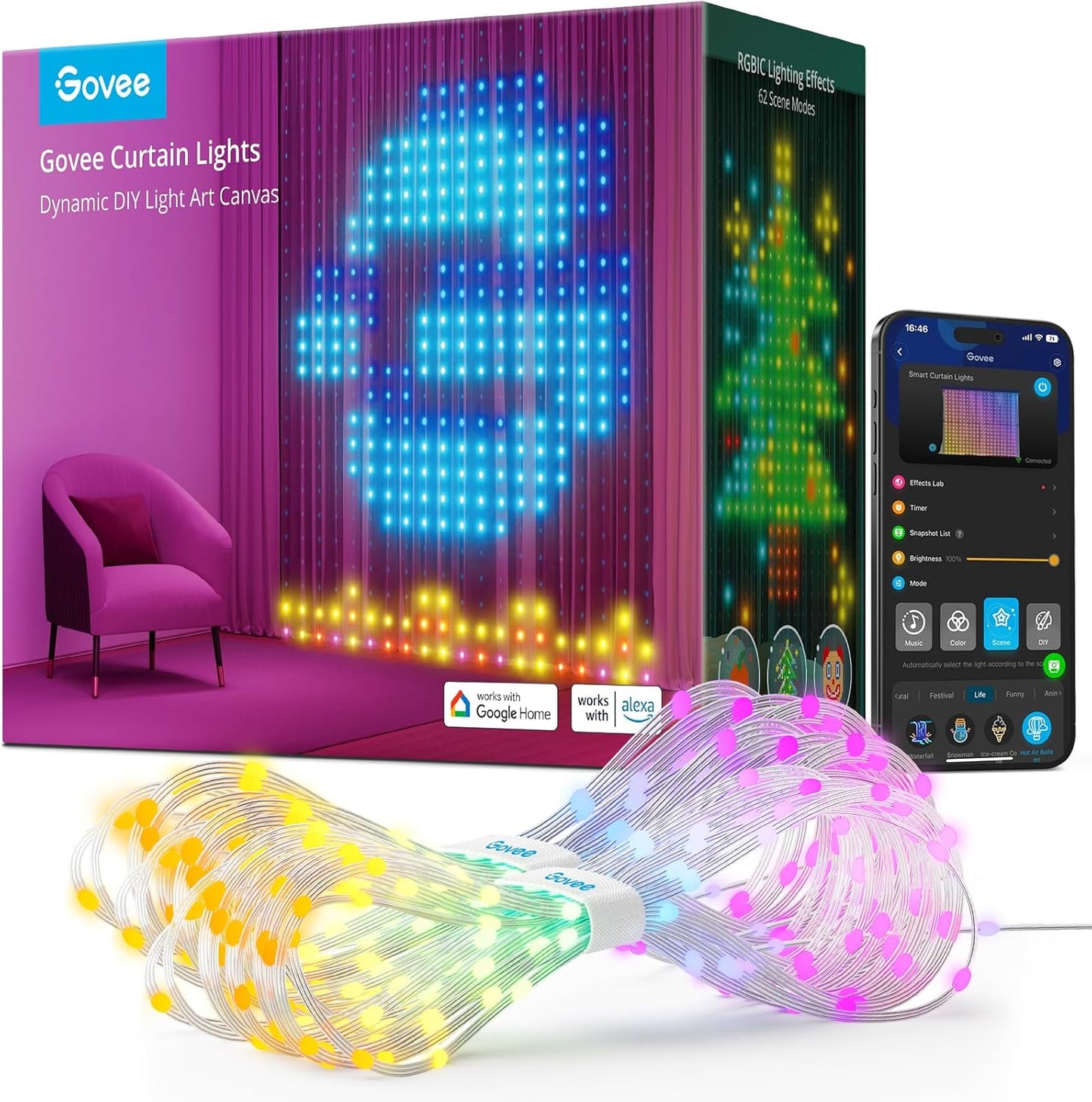 Govee Curtain Lights, Smart LED Color Changing Wall Lights, Dynamic DIY Curtain String Lights for Bedroom Living Room Holiday Decor, Outdoor IP65 Waterproof,4.9x6.6ft, 520 RGBIC LED