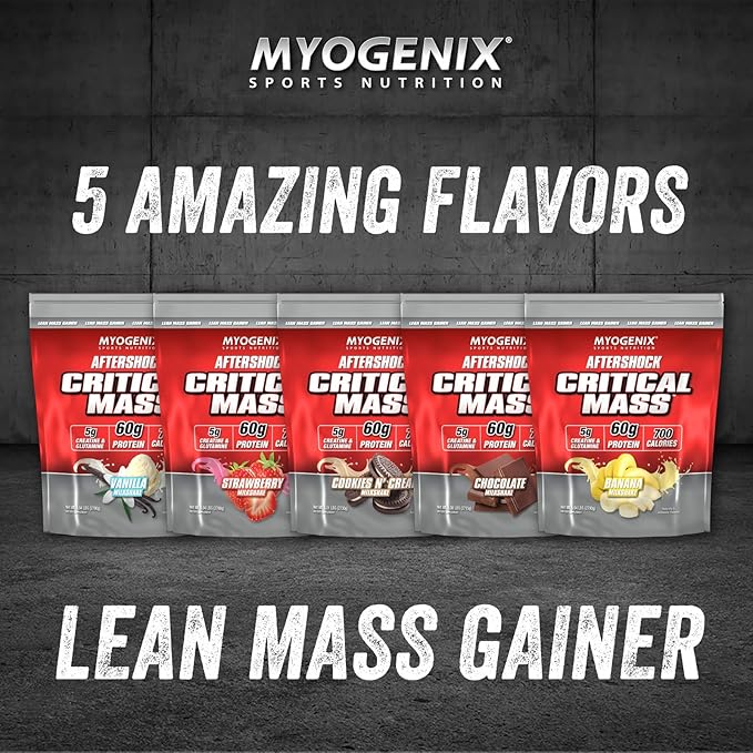 Myogenix Critical Mass Gainer Supplement Aftershock Banana Milkshake Flavored Muscle Mass Weight Gain Supplement, Zero Lactose Weight Gainer Protein Powder, Anabolic Whey Protein (5.62 lbs)