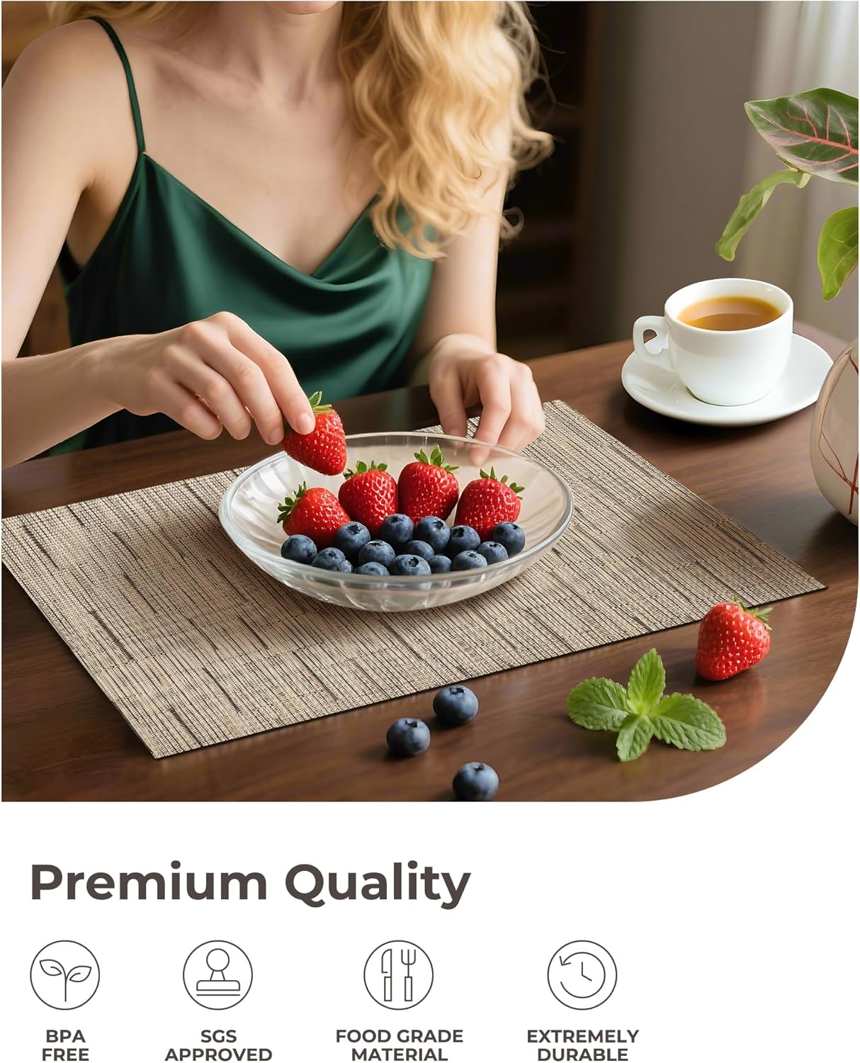 Leetaltree Light Brown Placemats Set of 8 - Heat Resistant Non-Slip Place mats for Dining Table, Washable Durable PVC Vinyl Woven Table Mats(Light Brown, 8)