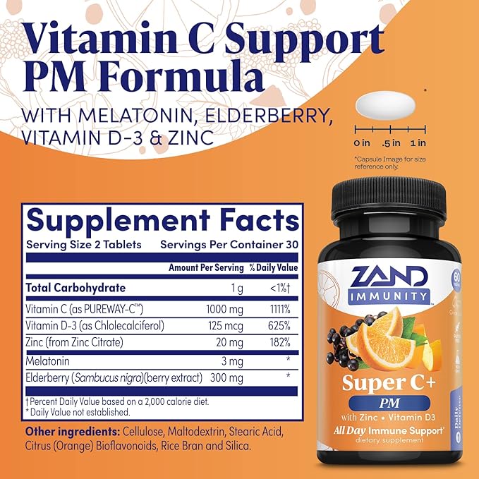 Zand Immunity Super C+ PM, Nighttime 1000mg PureWay-C D3 & 60 Tablets, 30 Servings