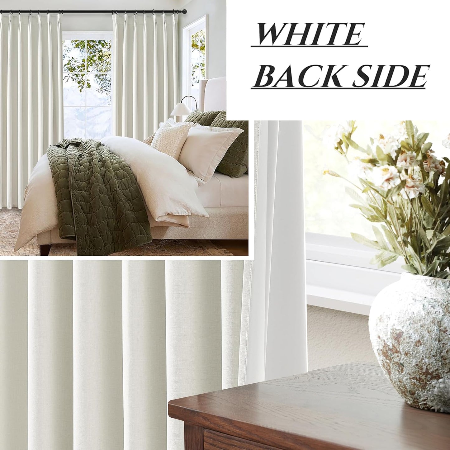 Linen Pinch Pleated Blackout Curtains Beige White Room Darkening Curtains 96 Inches Long, Neutral Modern Window Thermal Black Out Drapes for Sliding Glass Doors/Bedroom/Living Room(40" Wx96 Lx2Panels)