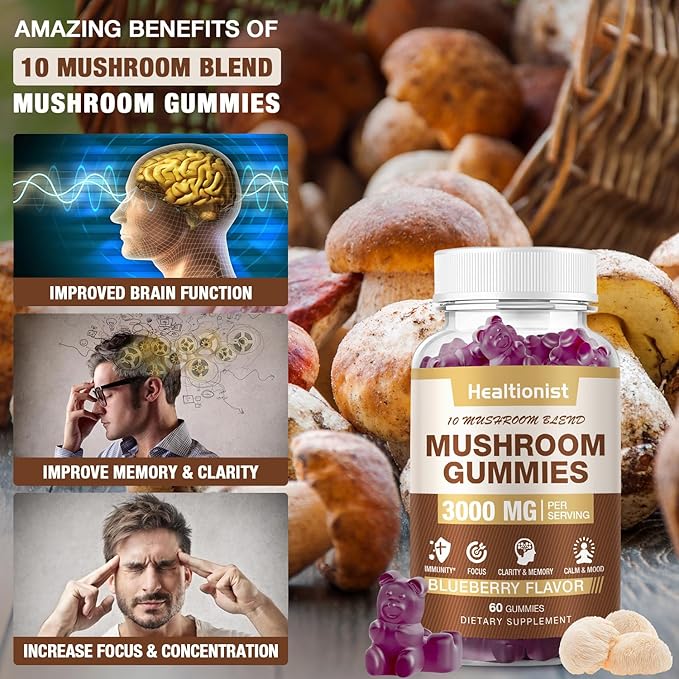 3000MG Mushroom Complex Gummies 10 Blend - Lion's Mane Gummies for Adults, Cordyceps, Shiitake, Reishi, Chaga, - Brain, Immune Support & Stress Relief, Energy, Mushroom Supplement for Men & Women 60ct