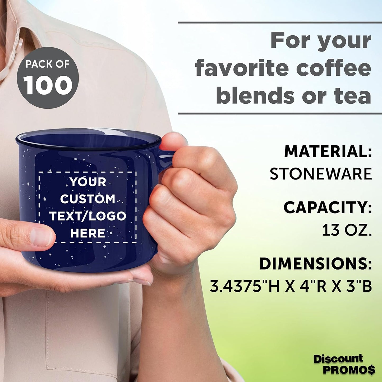 DISCOUNT PROMOS Custom Ceramic Campfire Coffee Mugs 13 oz. Set of 100, Personalized Bulk Pack - Perfect for Tea, Espresso, Cappuccino, Hot Cocoa - Blue
