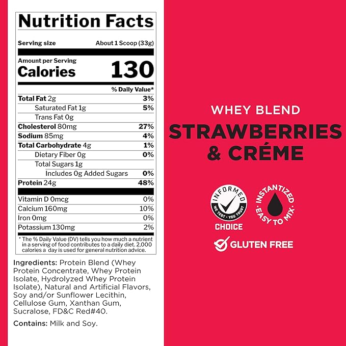 Rule One Proteins Whey Blend - Strawberries & Crème, 24g Fast-Acting Whey Protein Concentrates, Isolates, and Hydrolysates Per Serving, with Naturally Occurring EAAs and BCAAs, 2lbs