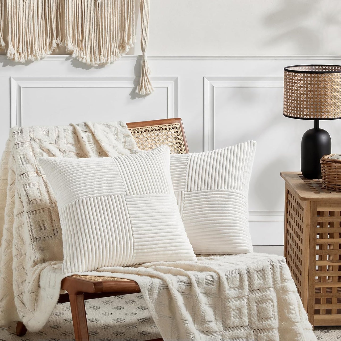 Fancy Homi 2 Packs Cream White Euro Decorative Throw Pillow Covers 26x26 Inch for Couch Bed Sofa, Farmhouse Boho Home Decor, Soft Corss Corduroy Patchwork Textured Square Cushion Case 66x66 cm