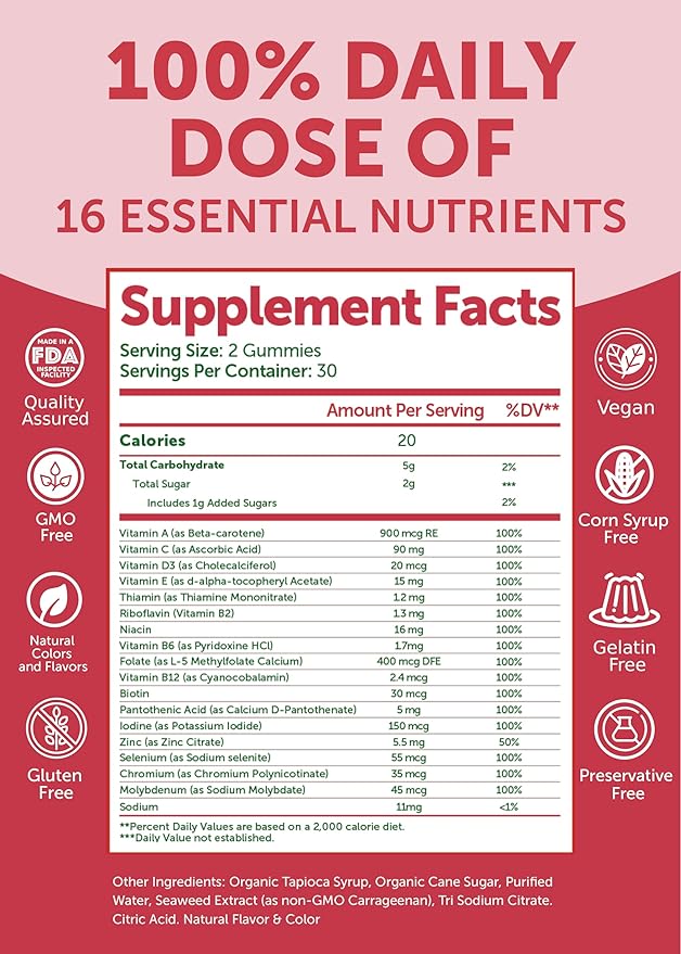 Lunakai USA Made Women’s Multivitamin Gummies 100% Daily 16 Essential 60ct