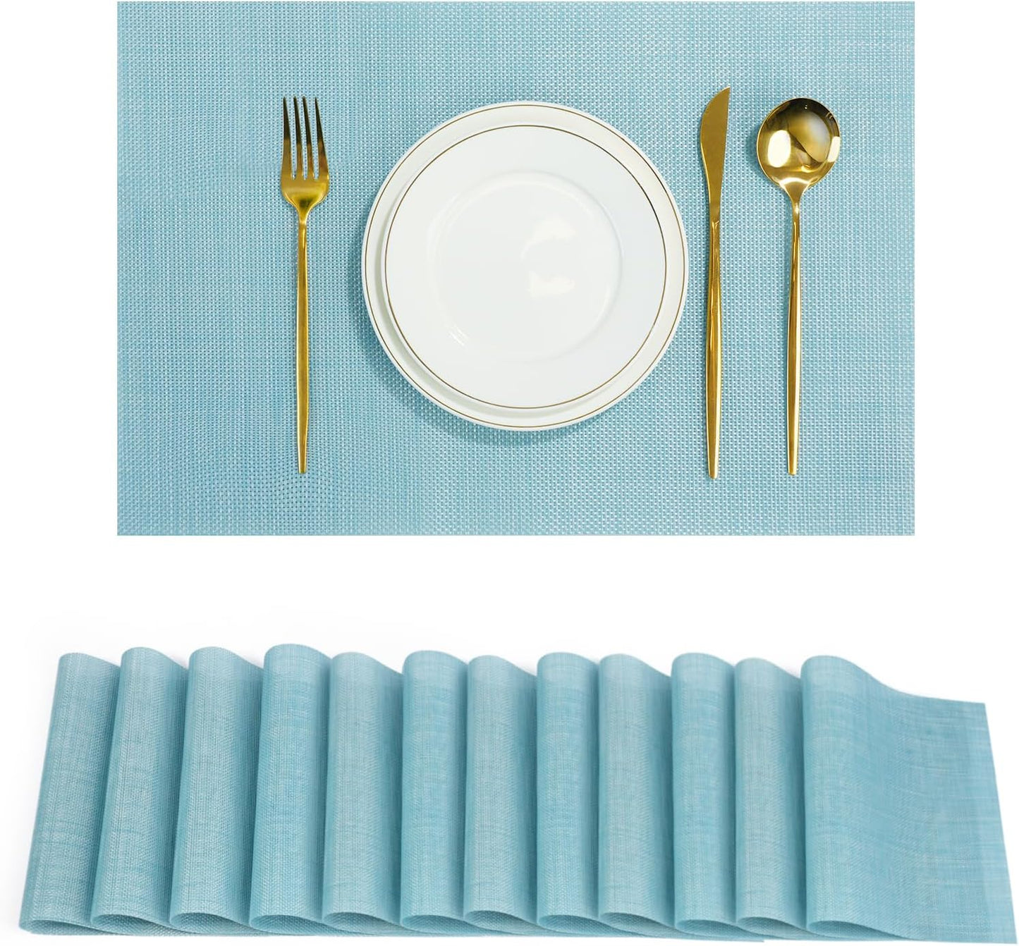 Placemats Set of 12,Non-Slip PVC Weave Table Mats Easy to Clean,Heat Resistant Place Mats for Kitchen Dining Table Decoration Indoor Outdoor,Blue