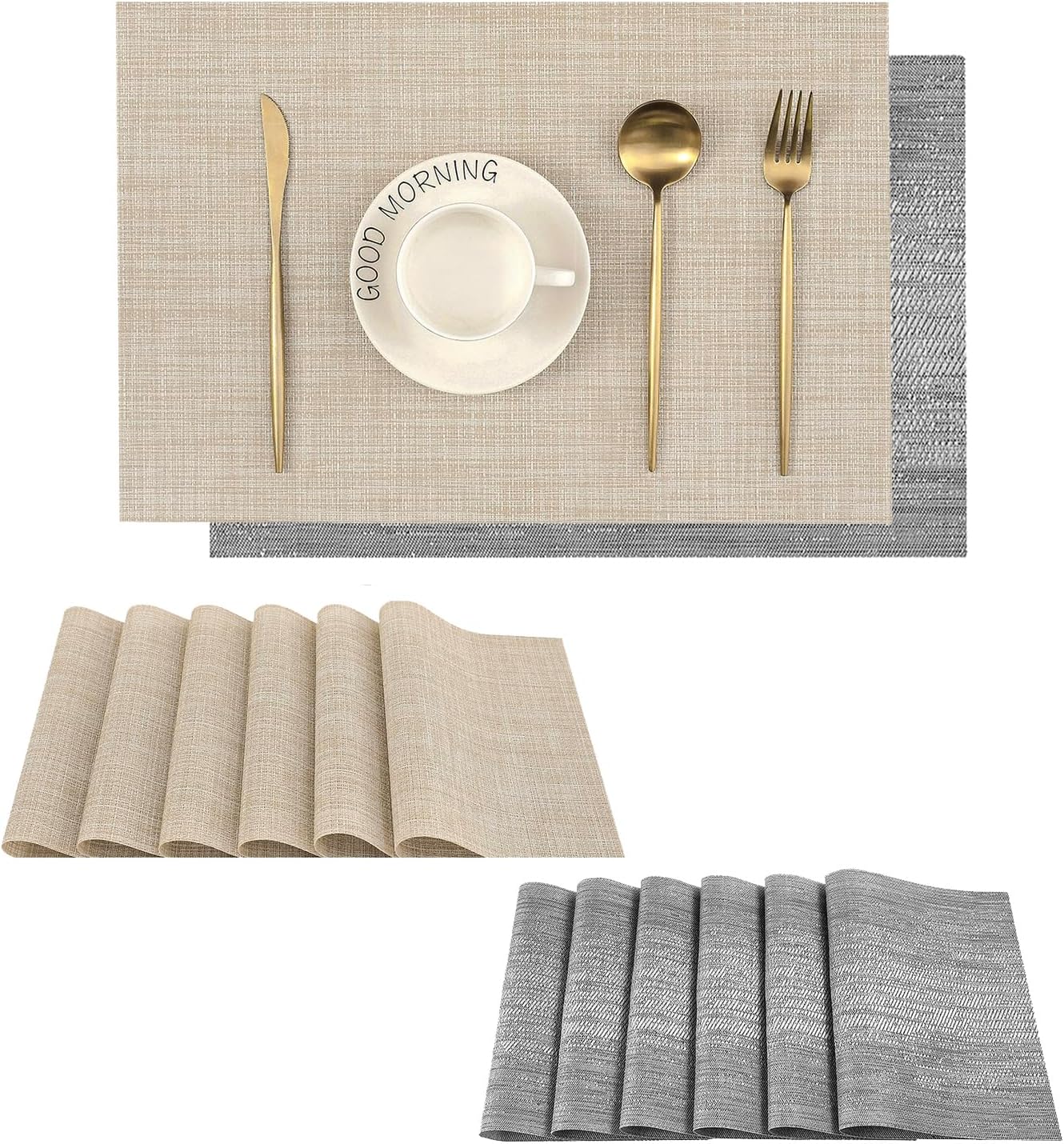 Leetaltree 6PC Grey& 6PC Beige Placemats Set of 12 - Heat Resistant Non-Slip Place mats for Dining Table, Washable Durable PVC Vinyl Woven Table Mats(6PC Grey&6PC Beige), Grey&beige