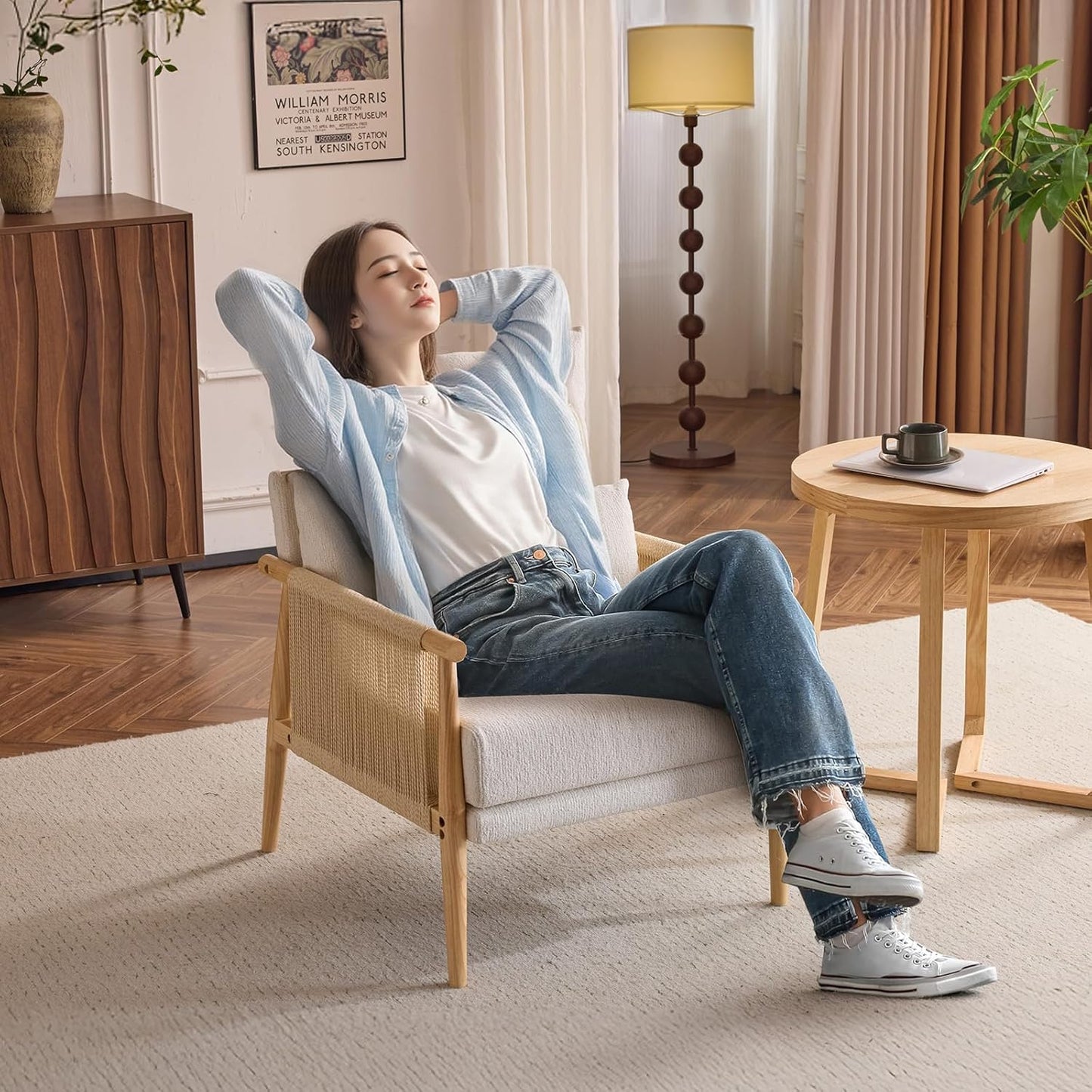 VINGLI Boho Braid Accent Armchairs Set of 2,Mid-Century Modern Chiars with Solid Wooden Armrest,Comfy Louge Cushion Chairs with Waist Pillow for Bedroom,Living Room,Reading Room, Light Grey