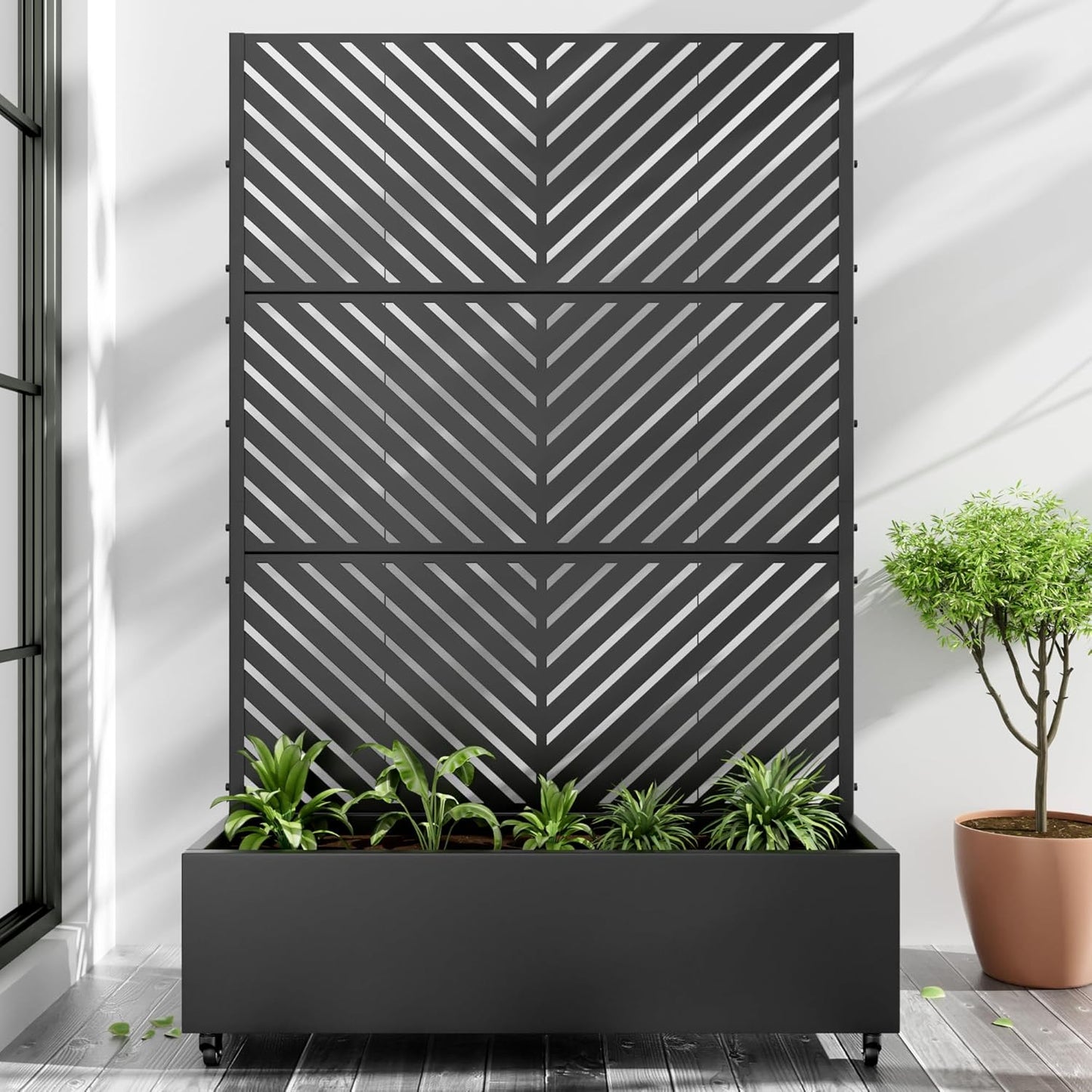 Casaphoria Metal Raised Garden Bed with Trellis and Wheels, 72"x47"x16" Planter Box for Climbing Plants, Vegetables & Vines, Features Drainage Holes and Privacy Screen (Black-Parallel)