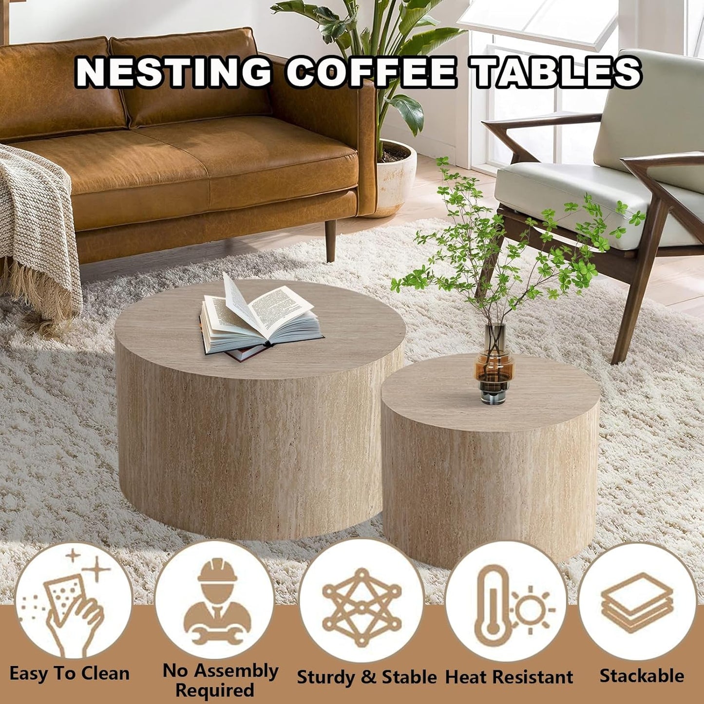 Round Nesting Coffee Table Set of 2, Modern Coffee and End Table Set Small Circle Wooden Drum Side Table Accent End Tables for Living Room Office, No Assembly,Travertine Large