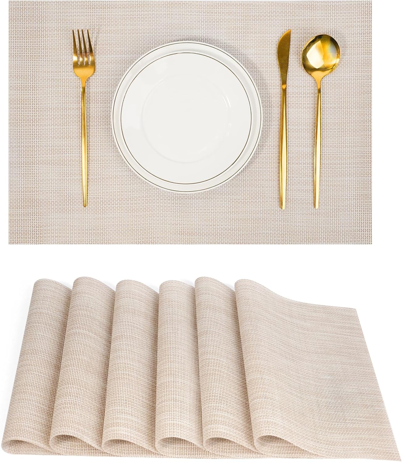 Placemats Set of 6,Non-Slip PVC Weave Table Mats Easy to Clean,Heat Resistant Place Mats for Kitchen Dining Table Decoration Indoor Outdoor,Beige White