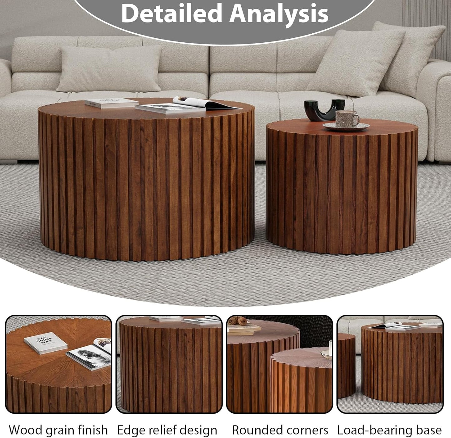 Round Nesting Coffee Table Set of 2 Handcraft Circle Fluted Nesting Coffee Tables Circular Side Table Drum Accent End Tables for Living Room Bedroom (Brown Small)