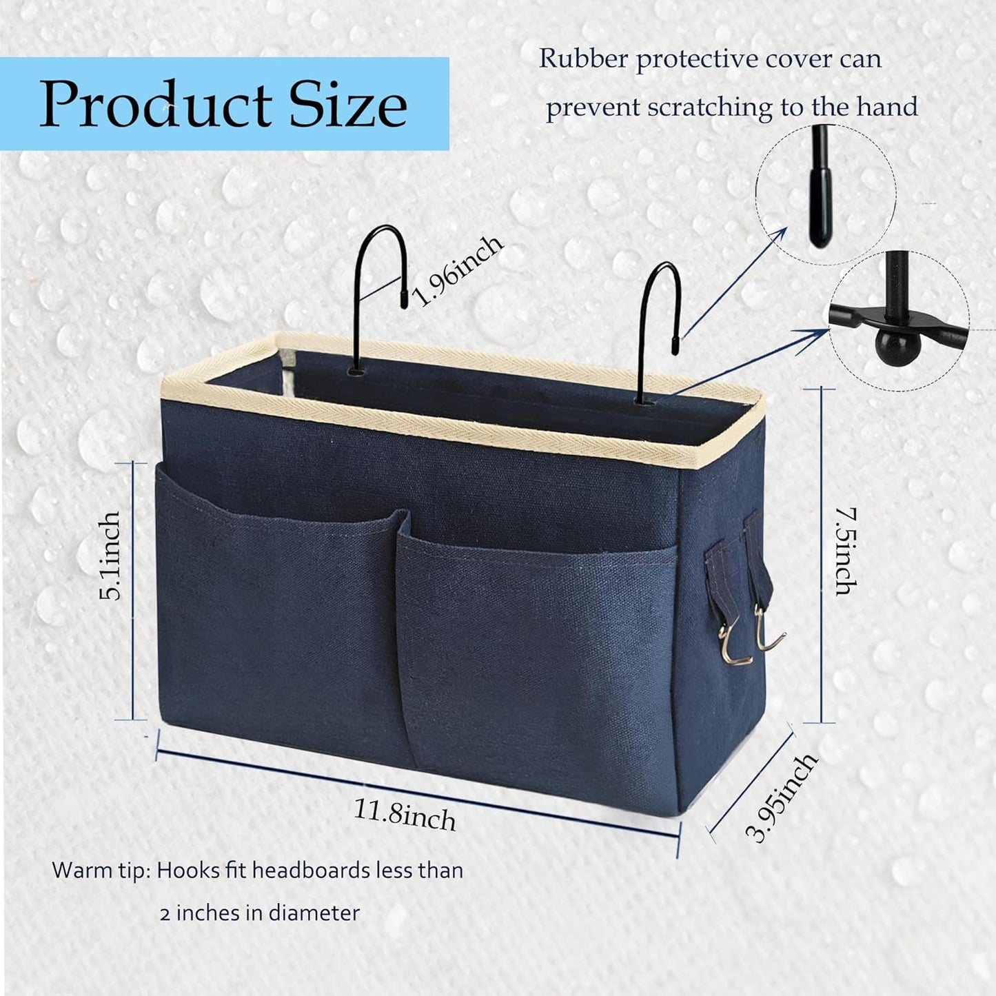 Bedside Caddy Bedside Hanging Storage Basket Multi-Function Organizer Caddy for Bunk and Hospital Beds Dorm Rooms Bed Rails, Can be Placed Glasses Books Mobile Phones(2pc Navy Blue)