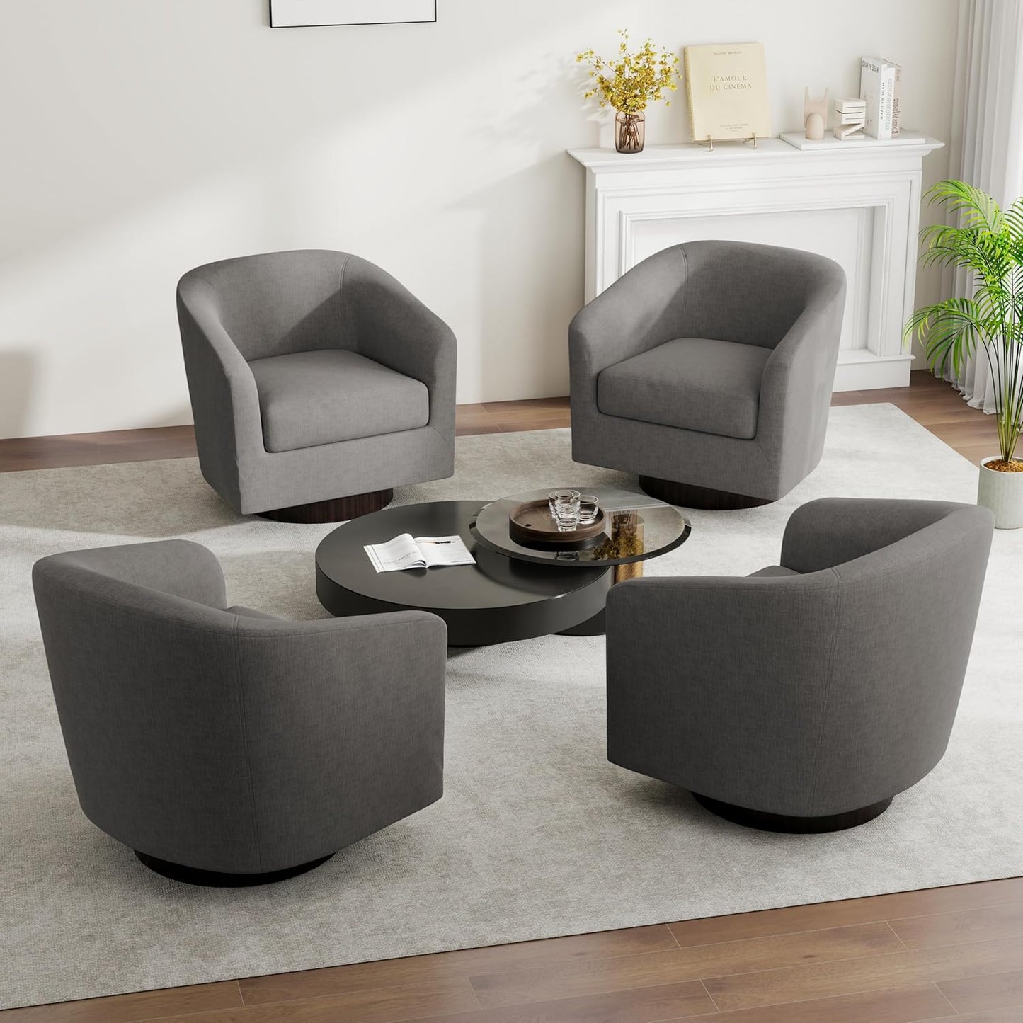 Swivel Barrel Accent Chair, Modern Round Linen Arm Chair for Living Room, Bedroom, Comfy Club Reading Chairs for Adults(Linen Fabric, Grey, Set of 4